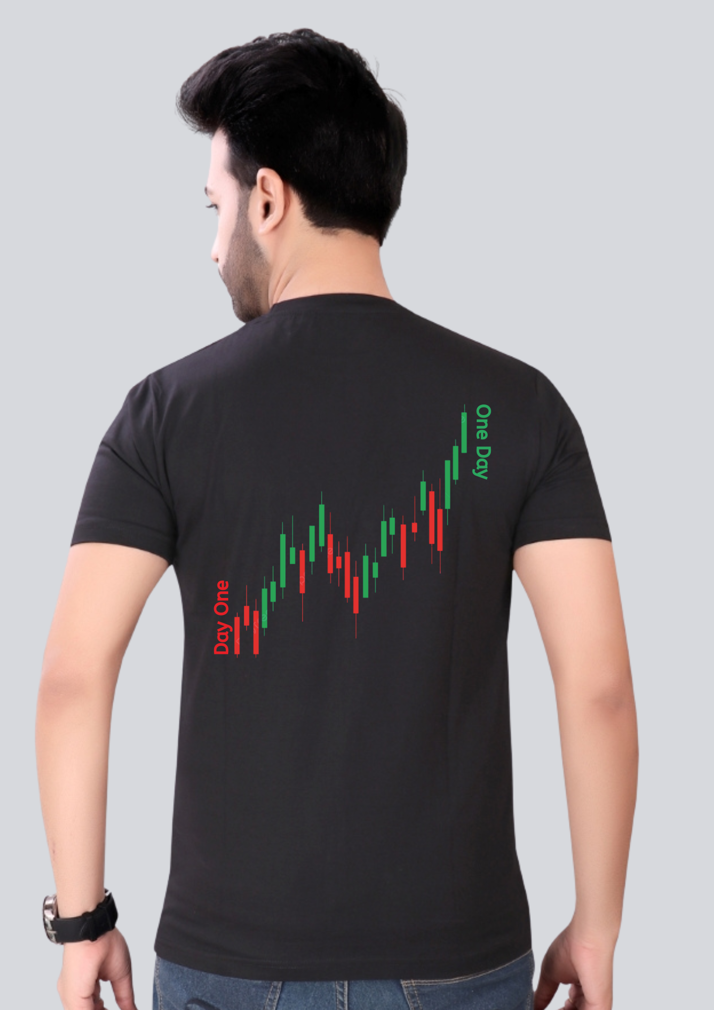 Printed Stock Chart Round Crew Neck Black T-Shirt