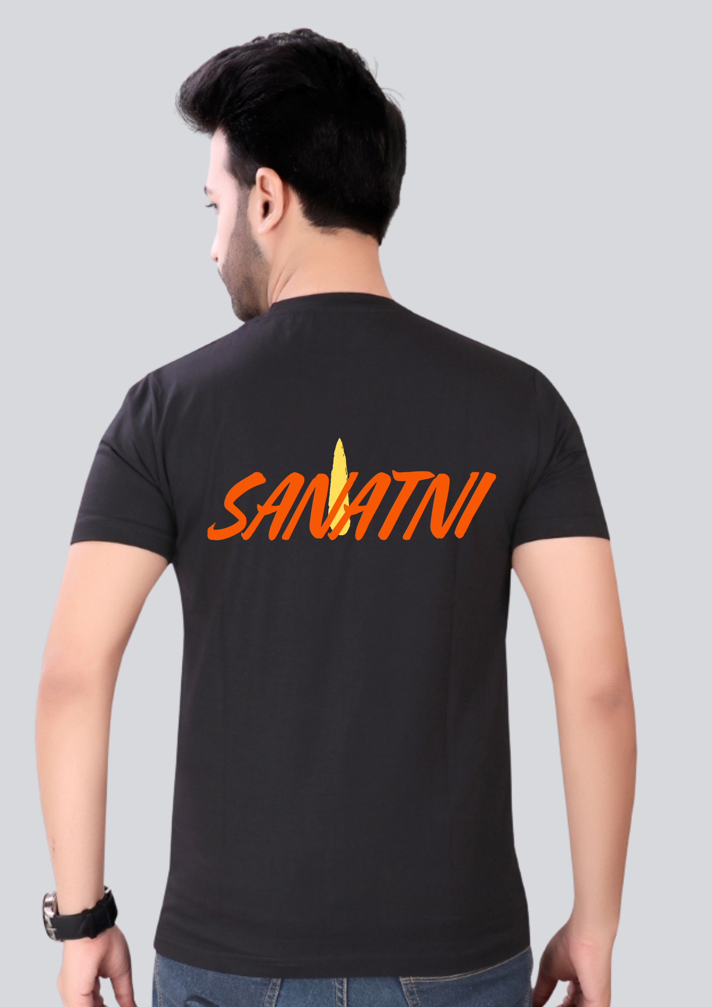 Printed Sanatni Round Crew Neck Black T-Shirt