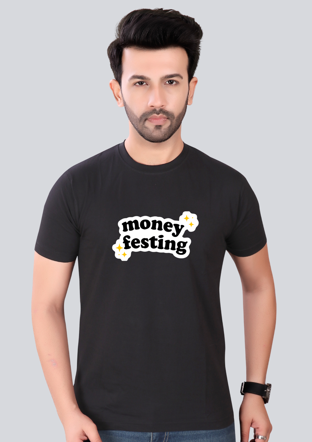 Printed Moneyfesting Round Crew Neck Black T-Shirt
