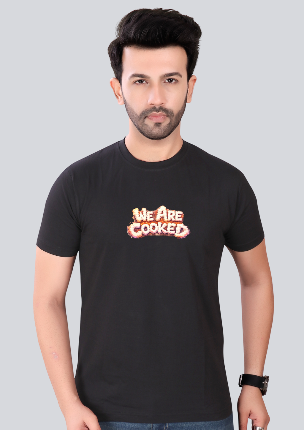 Printed We are cooked Round Crew Neck Black T-Shirt