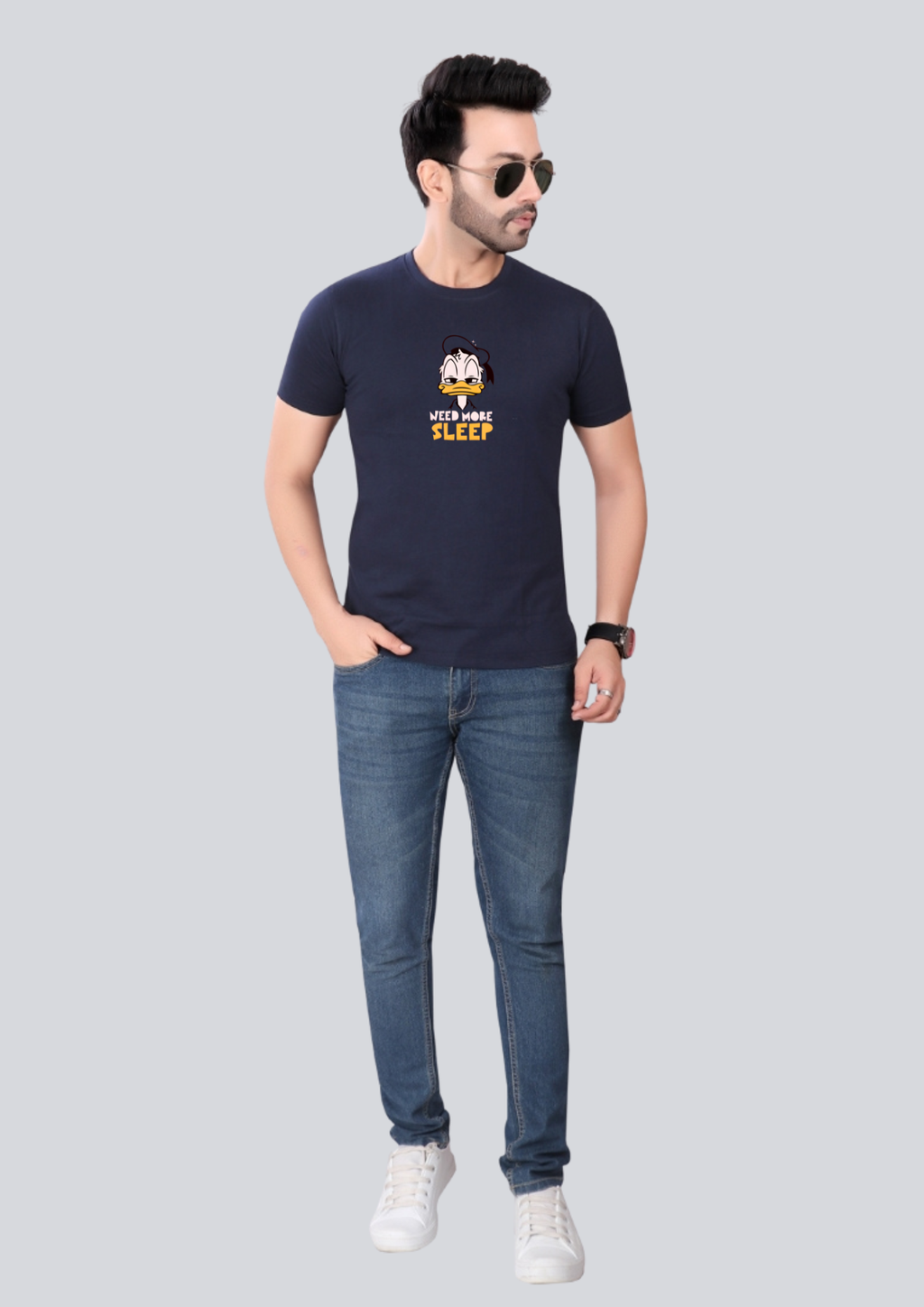 Printed Need More Sleep Round Crew Neck Navy Blue T-Shirt