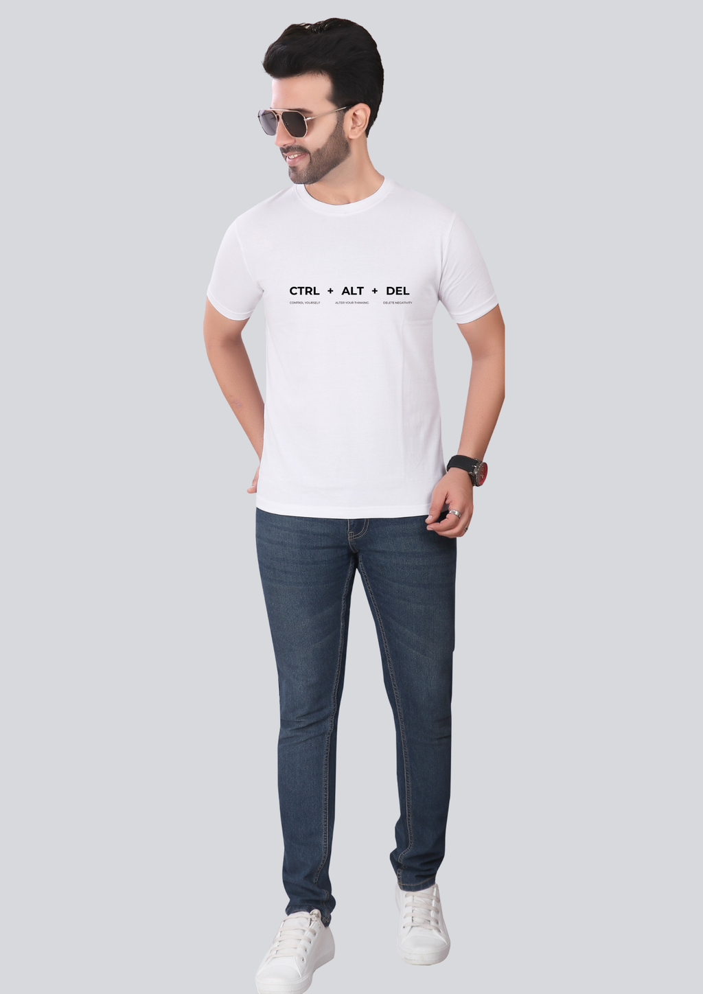 Printed CtrlAltDel Round Crew Neck White T-Shirt