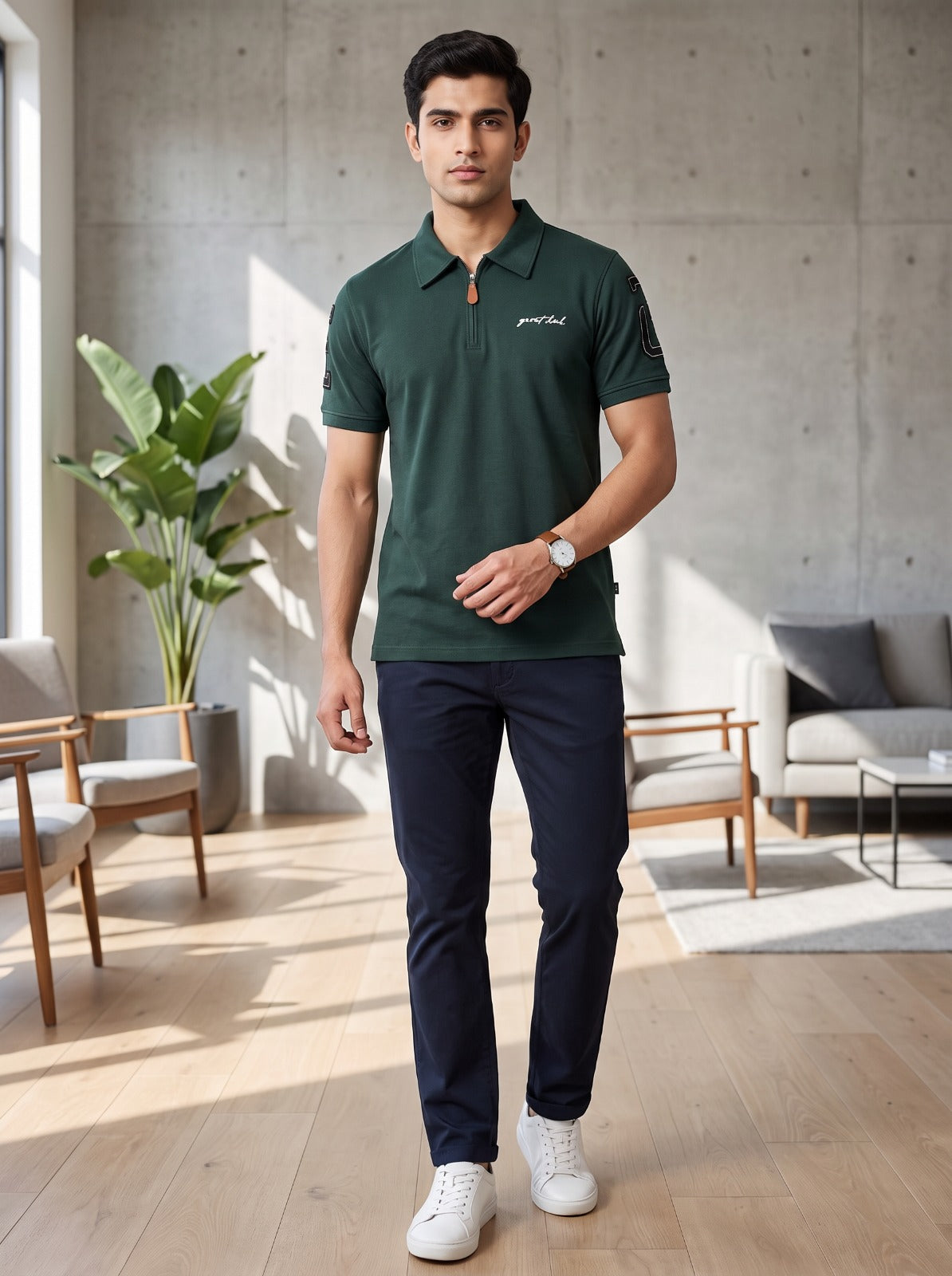 Premium Bottle Green Zip Polo T shirt