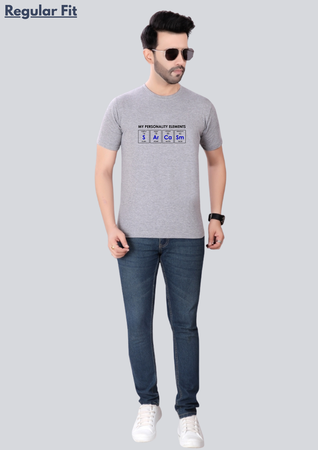 Printed Sarcasm Round Crew Neck Light Grey T-Shirt