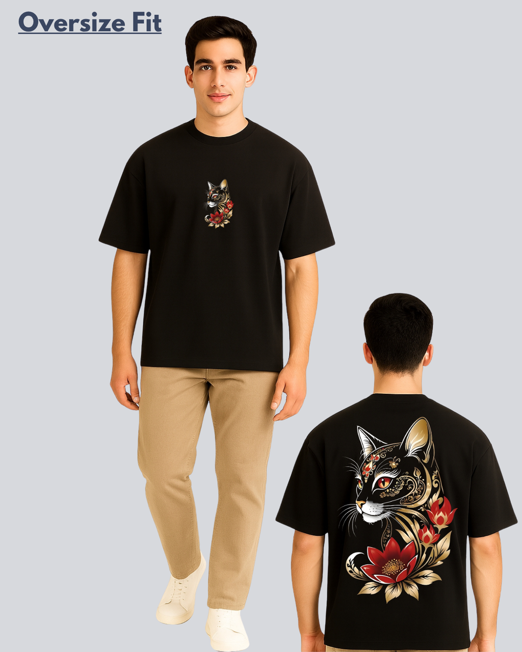 Printed Golden Cat Streetwear Black Oversize Fit T-Shirt