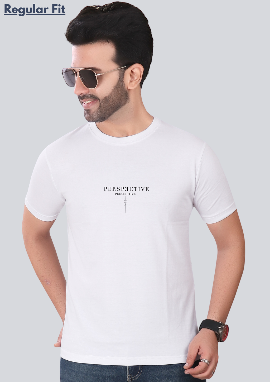 Printed Perspective Round Crew Neck White T-Shirt