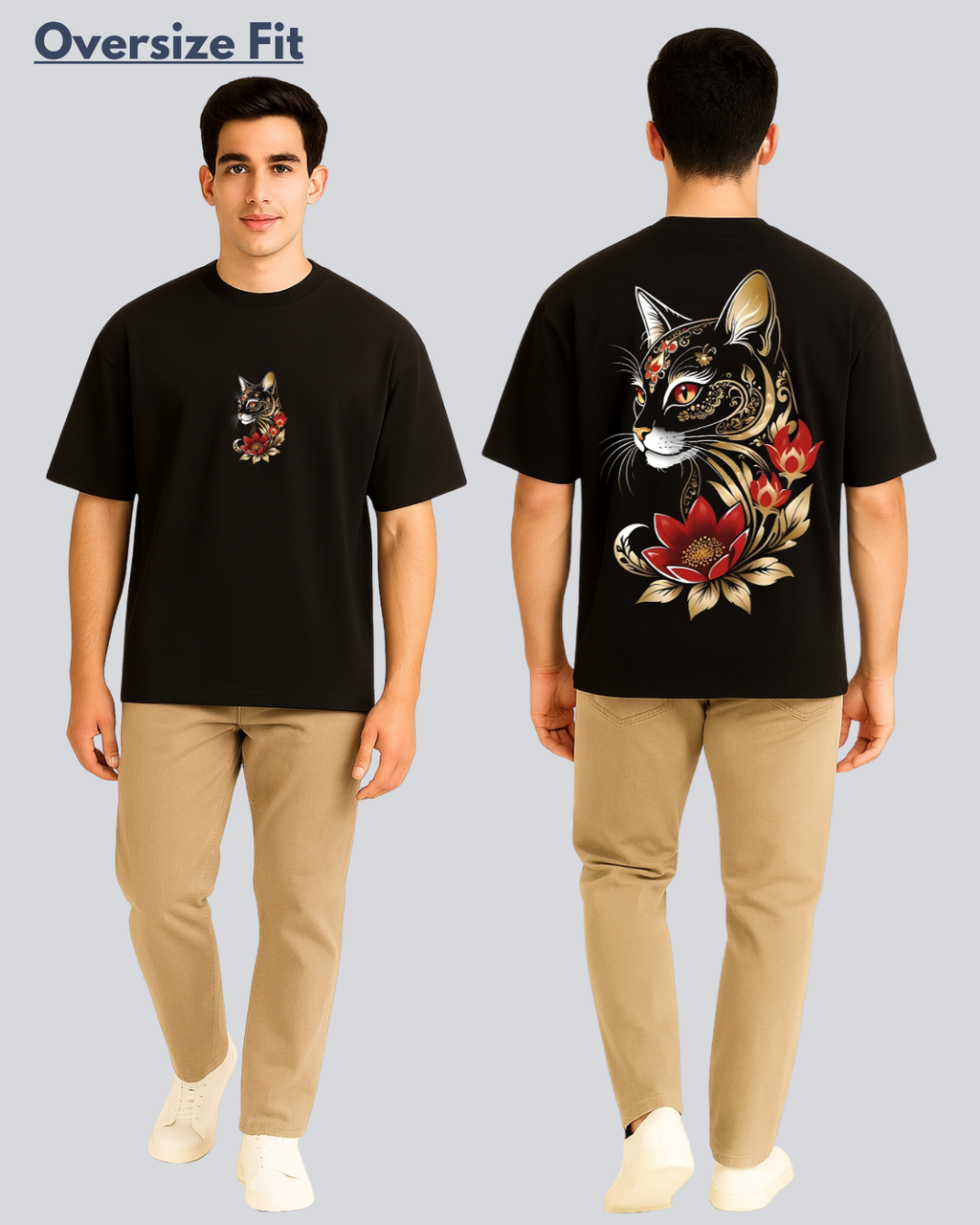 Printed Golden Cat Streetwear Black Oversize Fit T-Shirt