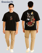 Printed Golden Cat Streetwear Black Oversize Fit T-Shirt
