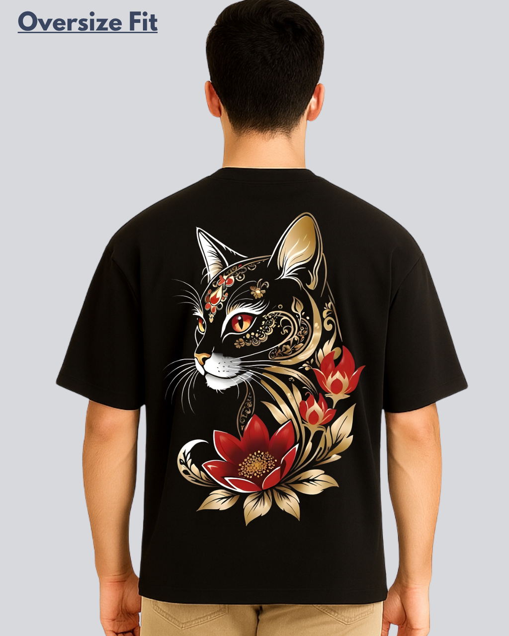 Printed Golden Cat Streetwear Black Oversize Fit T-Shirt