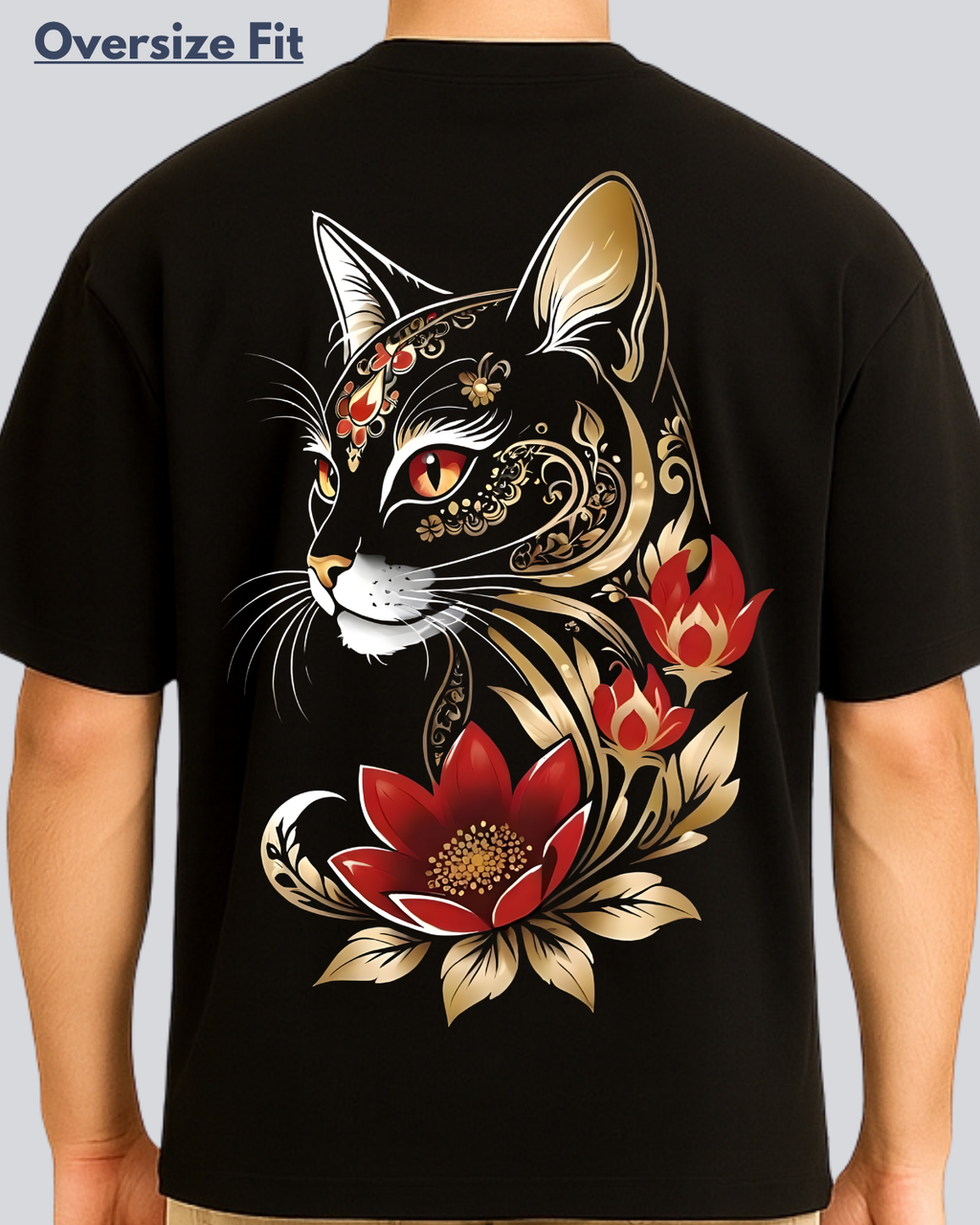 Printed Golden Cat Streetwear Black Oversize Fit T-Shirt