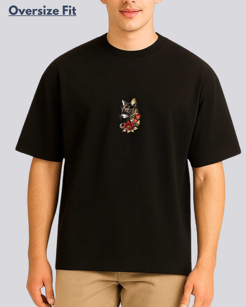 Printed Golden Cat Streetwear Black Oversize Fit T-Shirt