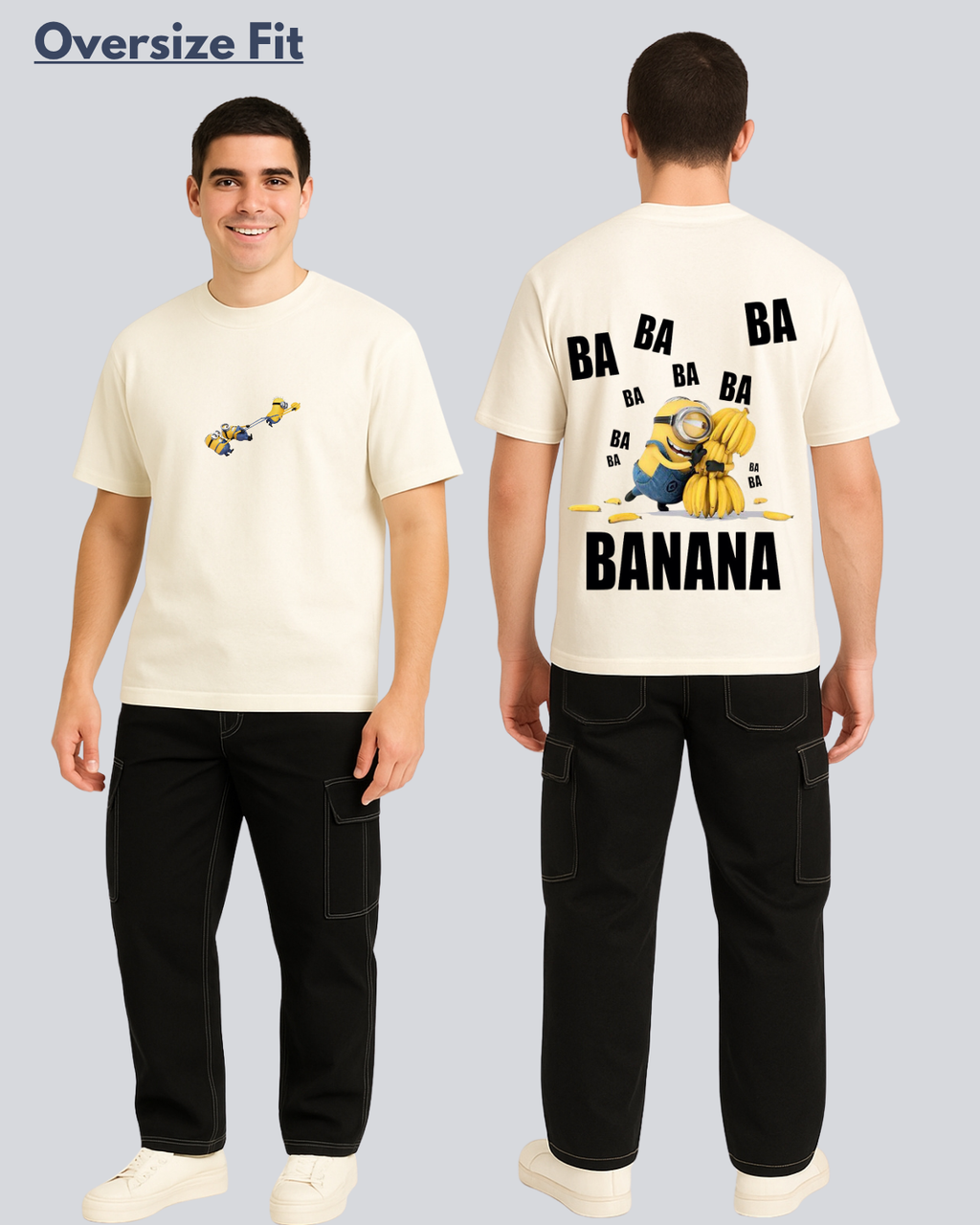Printed Minion Banana Streetwear Off White Oversize T-Shirt